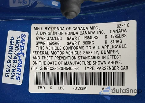 2016 Honda Civic Lx from USA, damaged, VIN 2HGFC2F53GH540563